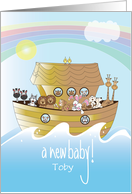 Hand Lettered Noah’s Ark Full of Animals for New Baby with Rainbow card