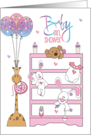 Hand Lettered Baby Girl Shower with Pink and White Dresser and Giraffe card