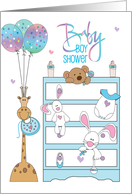 Hand Lettered Baby Boy Shower with Blue and White Dresser and Giraffe card