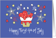 Hand Lettered First Fourth of July Cupcake with Fireworks and Stars card
