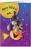 Hand Lettered Halloween Flying Black Cat on Broom Across the Miles card