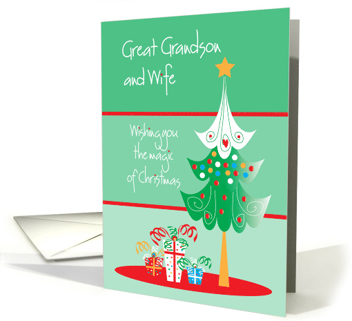 Hand Lettered Christmas Magic Great Grandson and Wife with Tree card