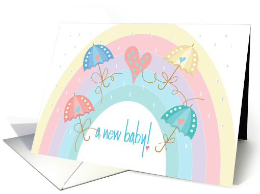 Hand Lettered Baby Shower Gender Neutral Rainbow and Umbrellas card