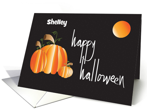 Hand Lettered Happy Halloween Pumpkin Trio and Moon Custom Name card