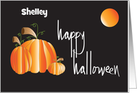 Hand Lettered Happy Halloween Pumpkin Trio and Moon Custom Name card