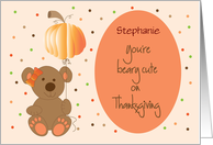 Hand Lettered Thanksgiving for Girl Bear Pumpkin Balloon Custom Name card