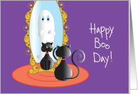 Hand Lettered Halloween Boo Day Black Cat and Mirror with Spooky Ghost card