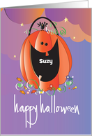 Hand Lettered Halloween Orange Jack O’ Lantern Big Smile Custom Name card