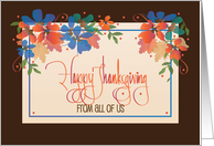 Hand Lettered Thanksgiving From All of Us With Fall Flowers and Leaves card