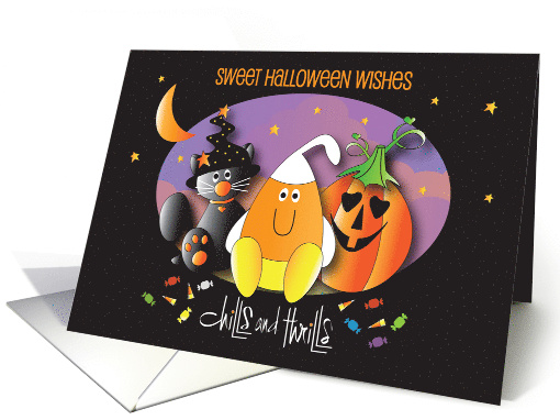 Hand Lettered Sweet Halloween Candy Corn Pumpkin and Black Cat card