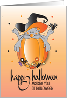 Hand Lettered Missing You on Halloween Mouse in Witch Hat on Pumpkin card