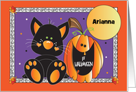 Hand Lettered First Halloween Black Cat and Pumpkin with Custom Name card