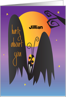 Hand Lettered Halloween Bats About You with Full Moon and Custom Name card