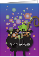 Hand Lettered Halloween Frog on Witch Cauldron with Bubbles and Stick card