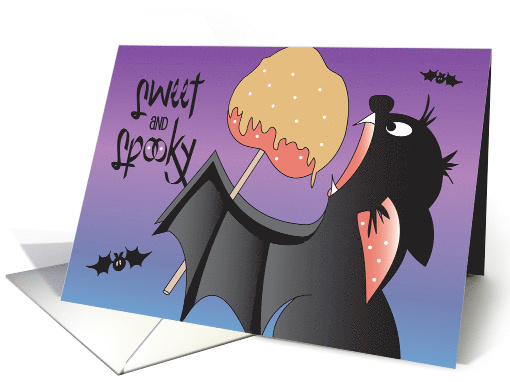 Hand Lettered Sweet and Spooky Bat Eating Caramel Apple with Bats card