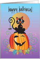 Hand Lettered Halloween Black Cat Sitting on Smiling Jack O’ Lantern card