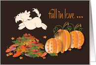 Hand Lettered Dog Jumping From Pumpkins to Fall Leaf Pile Fall in Love card