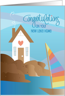 Hand Lettered Congratulations New Lake House Rocky Shore and Sailboat card