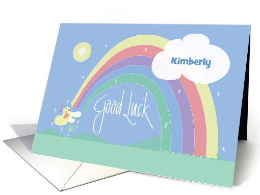 Hand Lettered Good Luck with Rainbow and Flower with Custom Name card