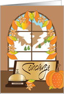 Hand Lettered Thanksgiving Concierge Fall Leaf Window and Pumpkin card