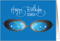 Hand Lettered Birthday for Swim Coach with Black Goggles and Bubbles card