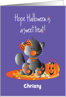 Hand Lettered Halloween Black Cat Sweet Treat Candy with Custom Name card