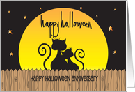 Hand Lettered Halloween Anniversary Full Moon and Cuddling Black Cats card