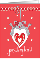 Hand Lettered Valentine You Stole My Heart Mouse on Large Heart card