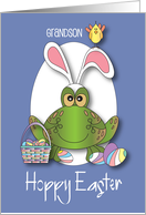 Hand Lettered Grandson Hoppy Easter Spotted Frog Bunny Ears and Eggs card