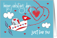 Hand Lettered Valentine Plane for Kids Red Exhaust in Shape of Heart card