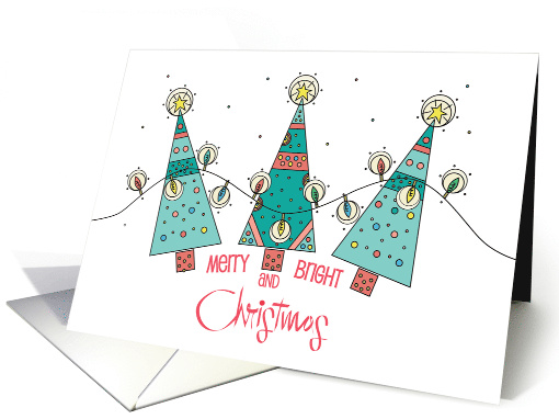 Hand Lettered Merry and Bright Christmas Trio of Decorated Trees card