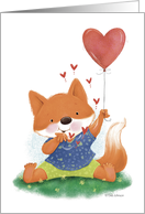 Thinking of You with Cute Fox Blowing Kisses Hearts and Balloon card