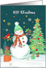 Cute Snowman with a Hat by a Christmas Tree card