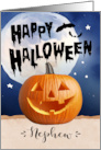 Halloween for Nephew Happy Pumpkin with Full Moon and Bat card