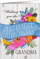 Birthday for Grandma with Butterfly Flowers and Rustic Wood Background card