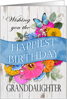 Granddaughter Birthday Butterfly Flowers on Rustic Wood Background card