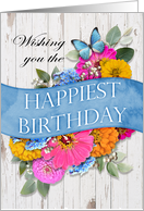 Birthday for Anyone with Butterfly Flowers on Rustic Wood Background card