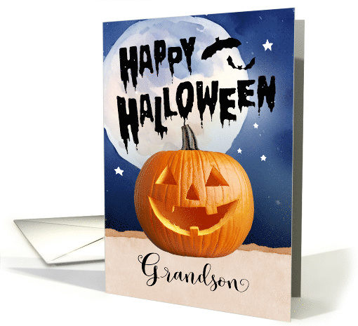 Halloween for Grandson Happy Pumpkin with Full Moon and Bat card