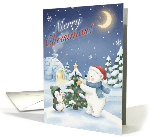 Polar Bear and Penguin Decorating Christmas Tree Under... (1951396)