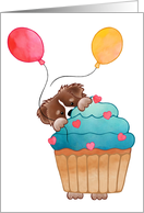 Happy Birthday Australian Shepherd behind a cupcake with balloons card