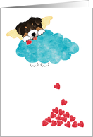 Australian Shepherd With Wings Hiding Behind a Cloud Dropping Hearts card