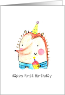 Happy First Birthday Hedgehog Holding Cupcake card