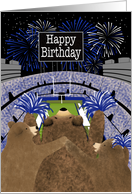 Birthday Three Bears Cheering at Football Stadium Blue card