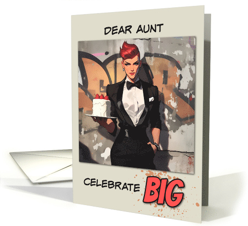 Aunt Happy Birthday LGBTQIA Butch in Tuxedo with Birthday Cake card
