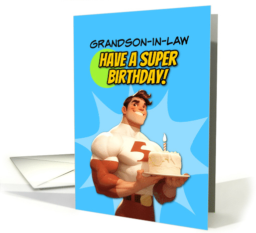Grandson in Law Happy Birthday Super Hero with Birthday Cake card