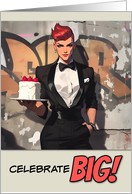 Happy Birthday LGBTQIA Butch in Tuxedo with Cake card