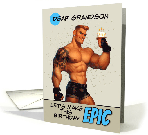 Grandson Happy Birthday LGBTQIA Muscle Hunk with Birthday Cake card