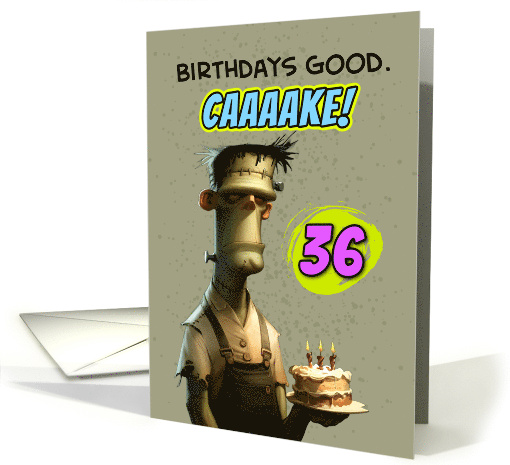 36 Years Old Happy Birthday Frankenstein's Monster with Cake card