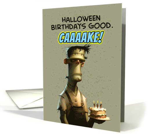 Happy Halloween Birthday Frankenstein's Monster with Cake card
