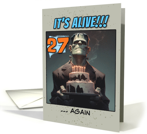27 Years Old Happy Birthday Frankenstein's Monster with Cake card